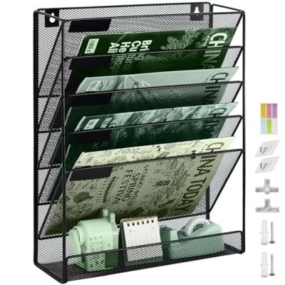 Image of IOUGDSEC 6 Tier A4 Mesh Hanging Wall File Holder Magazine Document Mail Organiser Storage Rack,Durable Metal Desktop Organizer Black