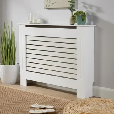Image of Home Source Radiator Cover Wooden Wall Cabinet Shelf Slatted Grill, White, Medium