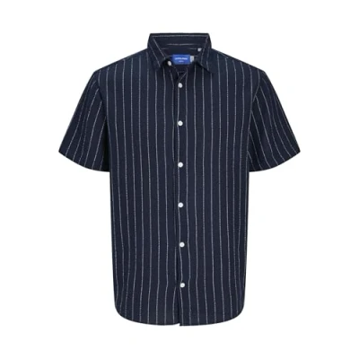 Image of JACK &amp; JONES Men&#039;s Jorjoshua Loose Weave Shirt Ss Casual, Sky Captain/Stripes:/Stripes, M