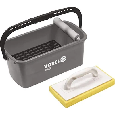 Image of Vorel Professional Tile Wash Set 10 litres 4 Pieces with Wheel Attachment, Washboard, Bucket and Grid, Sturdy Design, 23 x 42 19 cm
