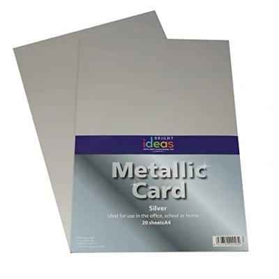Image of Bright Ideas Metallic Card Silver. Sheet Size: A4. 29.7cm x 21cm, Pack of 20. 225gsm Stationery Paper for Arts and Crafts, Ideal Schools, Home Crafting Kids Scrapbooking. BI0003.