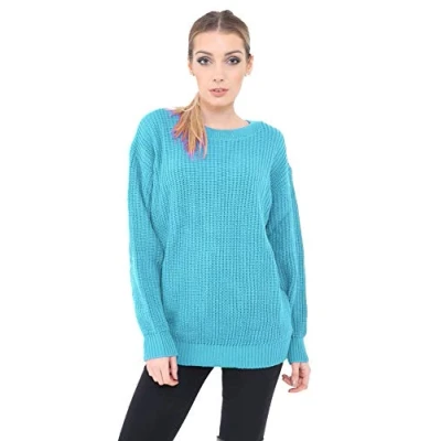 Image of Crazy Girls Womens Ladies Baggy Long Sleeve Knitted Plain Chunky Top Sweater Jumper S XL (2XL, Turquoise)