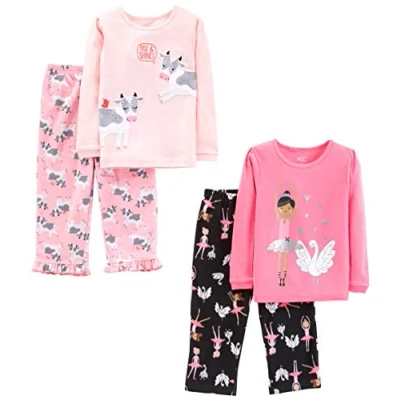 Image of Simple Joys by Carter&#039;s Girls&#039; 4 Piece Pyjama Set (Cotton Top &amp; Fleece Bottom), Black Ballerina/Light Pink/Pink Cow/Swans, Years