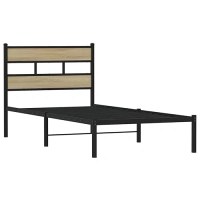 Image of vidaXL Metal Bed Frame Single Bed, Iron &amp; Wood, Black/Sonoma Oak, 80x200 cm, Industrial Bedroom Furniture w/Headboard Storage