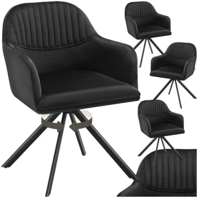Image of TecTake® Set of 4 Velvet Dining Chairs with 360 Swivel Function, Thickly Padded Armchairs Stable Steel Legs, Non Slip Caps &amp; Quick Assembly Ideal Kitchen, Bedroom Desk Black/Black