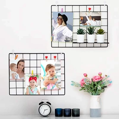 Image of 2 Pack Wire Wall Grid Panel Photo Display Gridwall Metal, Black &amp; Magnetic Panels Mesh Storage Organizer Picture Frame Hanging Home, Office Kitchen Décor Notice Board