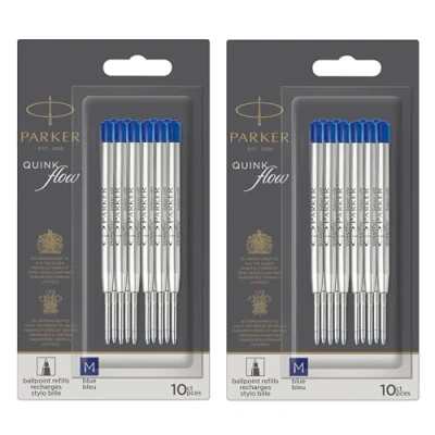 Image of Parker Metal Ballpoint Pen Refills Medium Point 0.7mm Blue QUINKflow Ink Pack of 20