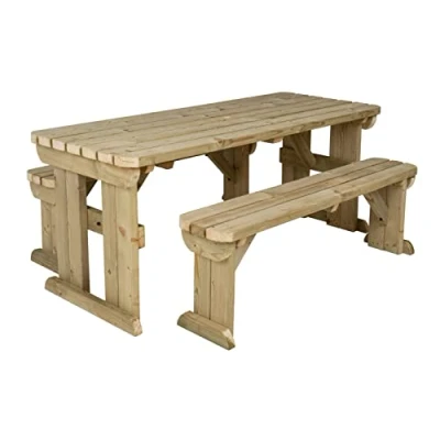 Image of Arbor Garden Solutions Wooden picnic table and bench set, Yews compact rounded patio furniture (8ft, Light Green (Natural))