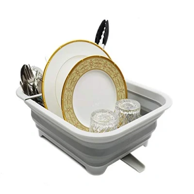 Image of SAMMART Collapsible Plastic Dish Drainer with Swivel Spout Foldable Drying Rack Portable Dinnerware Organizer Space Saving Kitchen Storage Tray (8.5L, Grey)