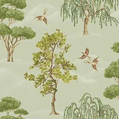 Image of Maya Willow Woodland Trees Birds Sage Green Wallpaper Naturistic Floral Modern Contemporary Feature Wall
