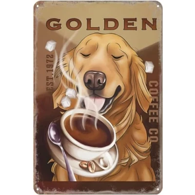 Image of Metal Sign Golden Retriever Coffee Dog Tin Retro Decor Home Kitchen Bar Cafe Club Cave Wall Vintage 8x12 Inch