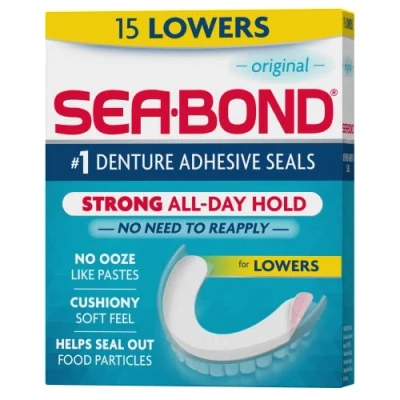 Image of Sea Bond Secure Denture Adhesive Seals, Original Lowers, Zinc Free, All Day Hold, Mess 15 Count (Pack of 1)