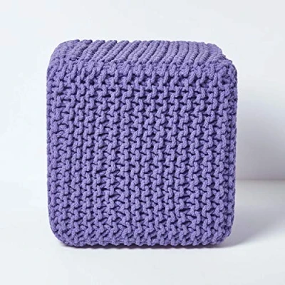 Image of HOMESCAPES Purple Knitted Cube Footstool Bean Filled 100% Cotton for Living Room Children or the Elderly