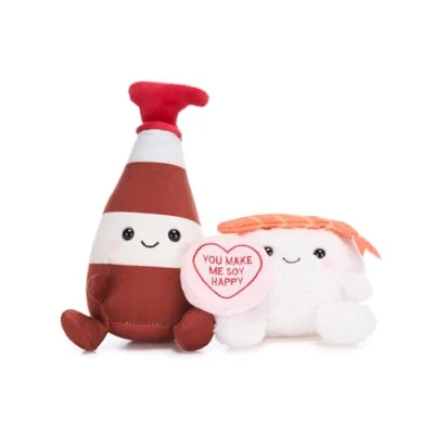 Image of Posh Paws 38028 20cm Swizzels Love Hearts “You Make Happy Sushi and Soy Sauce Plush Soft Toy Pair, Brown