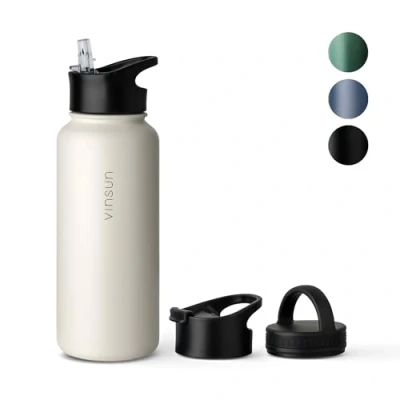 Image of VINSUN Stainless Steel Water Bottle White 1L 3 Lids Leakproof, Carbonic Acid Suitable, BPA Free Lightweight Thermo for Sport, Outdoor, School, Bike, Office, Gym