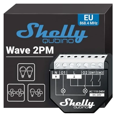 Image of Shelly Wave 2PM, 2 Channel Z Smart Relay Switch with Power Metering 16A, Remote Control, Low Consumption, Network Repeater, High reliability, SmartStart Setup