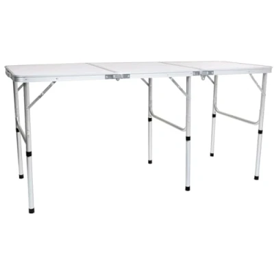 Image of Charles Bentley Odyssey, Extending, Folding, Lightweight, Camping, Triple Picnic Table, White Dining Portable, BBQ, Extendable Adjustable Height, Easy Clean, Carry Handle (150x60x70cm)