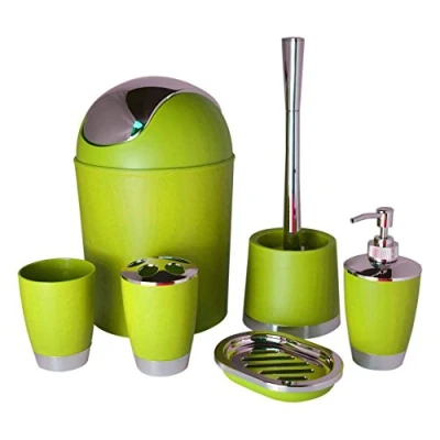 Image of Bathlux Modern Design 6 Piece Bathroom Accessory Set, Toilet Brush, Waste Bin, Soap Dish, Tooth Brush Holder Dispenser, Rinse Cup (Green)