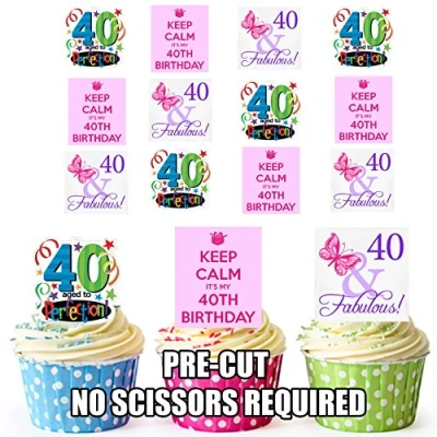 Image of AK Giftshop Fun Female 40th Birthday, 12 Cup Cake Toppers, Edible Stand Up Decorations