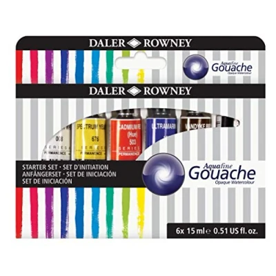 Image of Daler Rowney Aquafine Gouache Paint Introductory Set of 6 Colours x 15ml Tubes, Ideal for Beginner Artists &amp; Students, Water Based Canvas and Paper, Opaque Watercolours