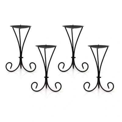 Image of Set of 4 Tall Black Metal Scroll Candle Holder Pack Pillar Candlestick Plate With Spike 21cm