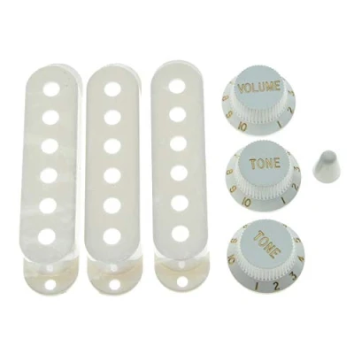 Image of KAISH White ST Strat Pickup Covers Knobs and 5 Way Switch Tip Cap