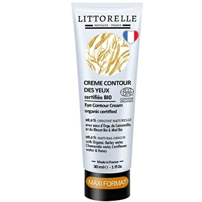 Image of Eye Contour Cream 30 ml Made in France Certified Organic 99% Natural Origin Anti Dark Circles, Puffiness and Wrinkles Care Barley Water, Cornflower, Chamomile, Honey, Aloe vera