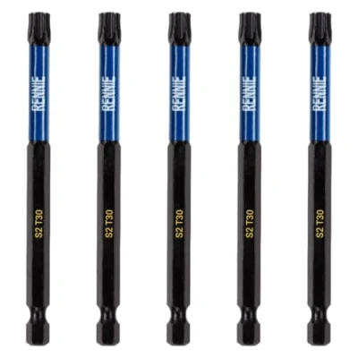 Image of 5 x Rennie Tools 100mm Long T30 TX30 Impact Screwdriver Driver Bits Set. Heavy Duty Magnetic Torx Bit Black Oxide Coated Bits.