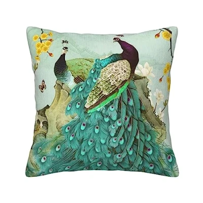 Image of TOMPPY Peacock Floral Printed Pillow Covers Decorative Throw Cushion Cases Square Pillowcase for Couch Sofa Bed Bedroom Living Room 18&quot;X18&quot;