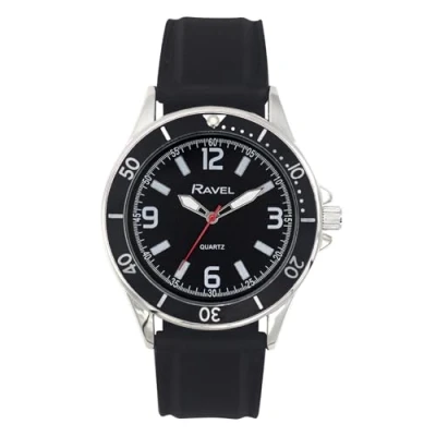 Image of Ravel Men&#039;s Sporty Black Silicon Strap Watch with Top Ring on Silver Tone Case Analogue Quartz RS002.03 Dial