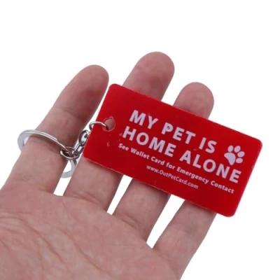 Image of Dog Cat are Home Alone Alert Emergency Card &amp; Key Tags with Contact Call Cards Pet Keychain