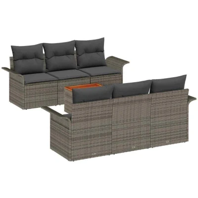 Image of vidaXL 7 Piece Garden Sofa Set with Cushions Grey Poly Rattan Acacia