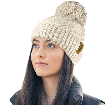 Image of RockJock Ladies STORMACTIVE 100% Waterproof Warm Cable Knit Winter hat with Pompom and Thermal Cosy Liner Natural