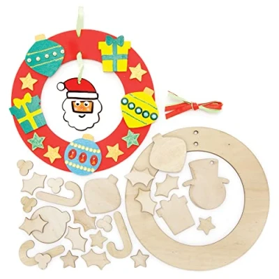 Image of Baker Ross FE909 Christmas Wooden Wreath Kits Pack of 2, Ring to Decorate and Display, Wood Crafts for Kids, Make Your Own Decorations
