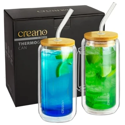 Image of Creano 2pcs Double Walled Drinking Glass with Bamboo lid and Straw, 360 ml, Smoothie Cup, Bubble Tea, Cocktail
