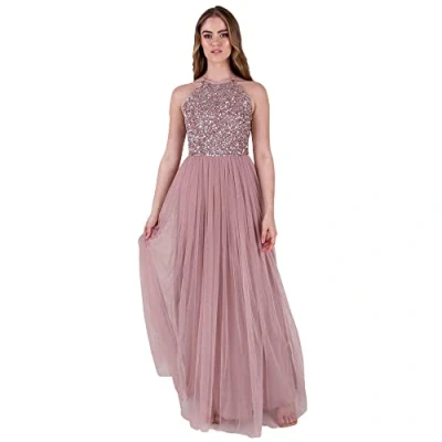 Image of Maya Deluxe Women&#039;s Frosted Embellished Halter Neck Pink Maxi Dress Bridesmaid, 10