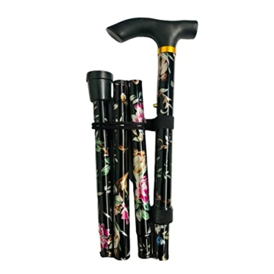 Image of Walking Stick, Easy Adjustable Height Folding Extendable Cane, Lightweight Flexible and Durable, Aid Mobility Aid, Collapsible Stick (BLACK FLORAL)
