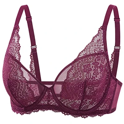 Image of DOBREVA Women&#039;s Lace Full Coverage Bra Unlined Underwired Support Minimiser Plus Size V Neck Bralette Grape Wine 36DD