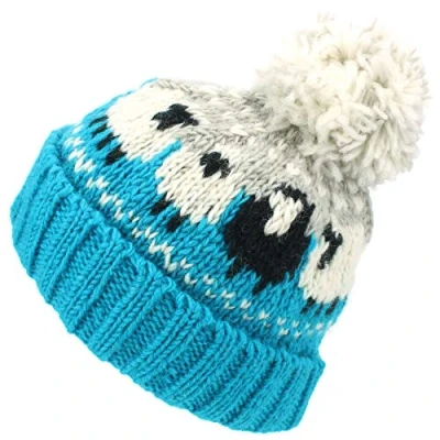 Image of LOUDelephant Wool Knit Bobble Beanie Hat Sheep Blue Grey