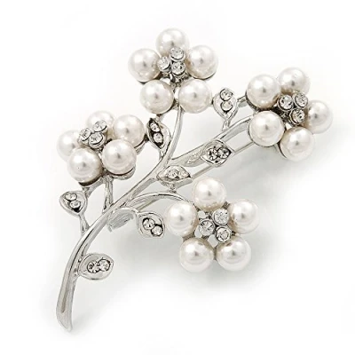Image of Avalaya White Faux Pearl Floral Brooch in Silver Tone Metal 6cm Length