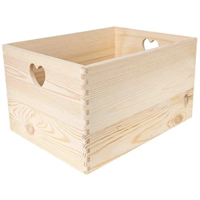 Image of Creative Deco XXL Wooden Crate with Heart Handles 40 x 30 24 cm (+/ 1 cm) Plain Unpainted Storage Box Natural Wood Easter Gift Crates Kitchen Home Documents