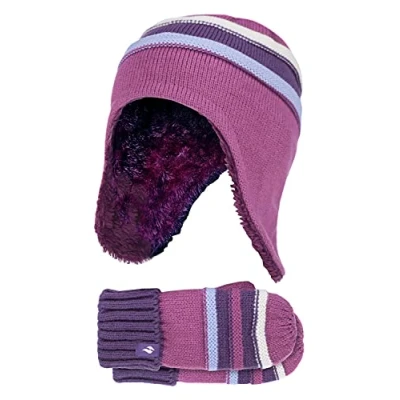 Image of HEAT HOLDERS Girls Winter Warm Pom Bobble Beanie Hat and Mittens Set (3 6 Years, Red Violet)