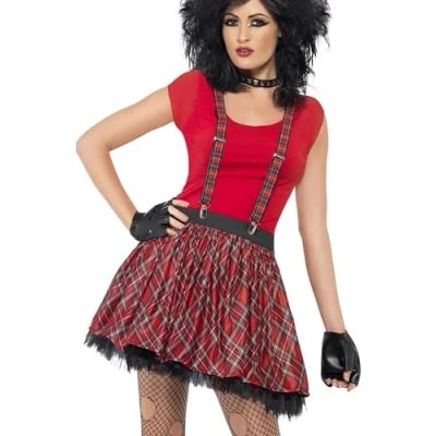 Image of Smiffys Punk Kit, Tartan with Tutu, Braces and Fingerless Gloves, 1980&#039;s Fancy Dress, Adult Dress Up Accessories
