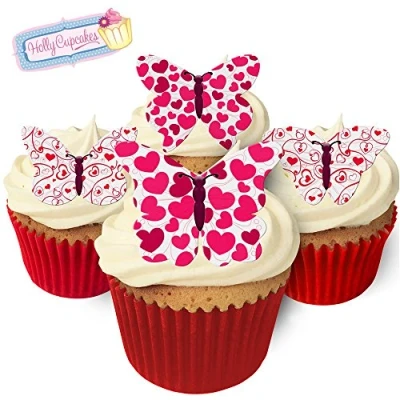 Image of 24 Edible Pre Cut Wafer Butterfly Cake Toppers: Hearts
