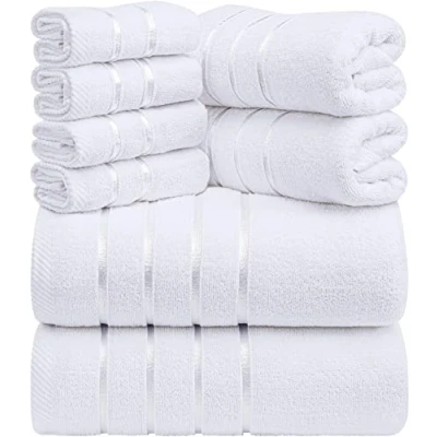 Image of Utopia Towels 8 Piece Luxury Towel Set, 2 Bath Towels, Hand and 4 Wash Cloths,97% Ring Spun Cotton Highly Absorbent Viscose Stripe Ideal for Everyday use (White)