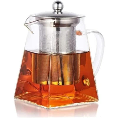 Image of Pluiesoleil 950ML Borosilicate Glass Teapot, Loose Leaf Teapots with Infuser, Large Square Tea Pot Strainer, Stovetop Microwave Safe Teapot for 4 6 Cups