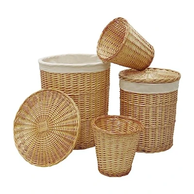 Image of JVL Hand Woven Acacia Set of 2 Round Laundry Willow Baskets with Waste Paper Baskets, Honey Finish