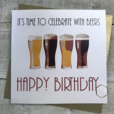 Image of WHITE COTTON CARDS HAPPY BIRTHDAY CARD, CELEBRATE WITH BEERS DESIGN, Handfinished (LLR6)