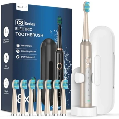 Image of Sonic Electric Toothbrush for Adults and Kids Toothbrushes with 8 Tooth Brush Replacement Head 5 Brushing Modes, 120 Days of Use 3 Hour Fast Charge, 2 Minute Smart Timer (Gold)