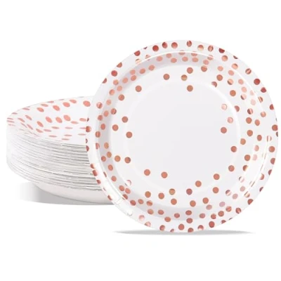 Image of AIPartywar Party Paper Plates, 50 Pack Disposable White and Rose Gold Foil Polka Dots, 7 Inch Dinner Plates for Graduation Wedding Birthday